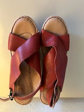 Born Red Leather Crossover Sandals with Buckle Back